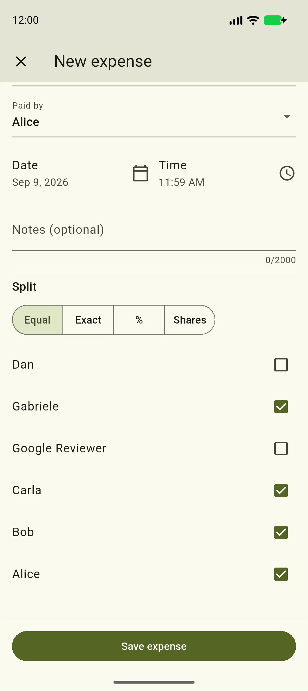 The new-expense form, scrolled to the Split section: Paid by Alice, the Equal / Exact / % / Shares selector, and the group's members with two of them unticked