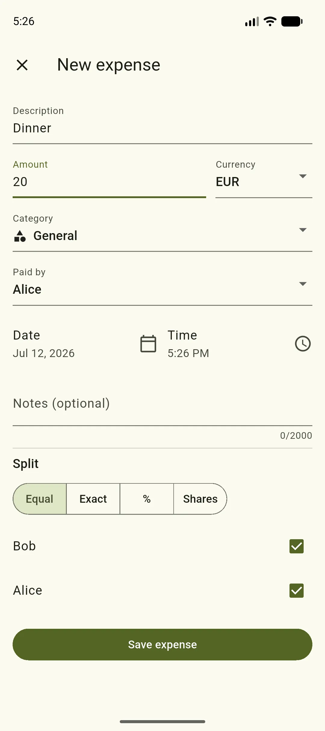 Adding a dinner expense split equally between two people
