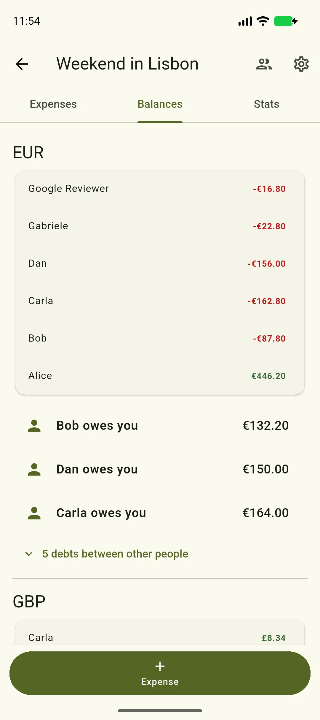 The Balances tab: a EUR card of everyone's net position, then Bob owes you, Dan owes you and Carla owes you, a line reading 5 debts between other people, and a separate GBP section below
