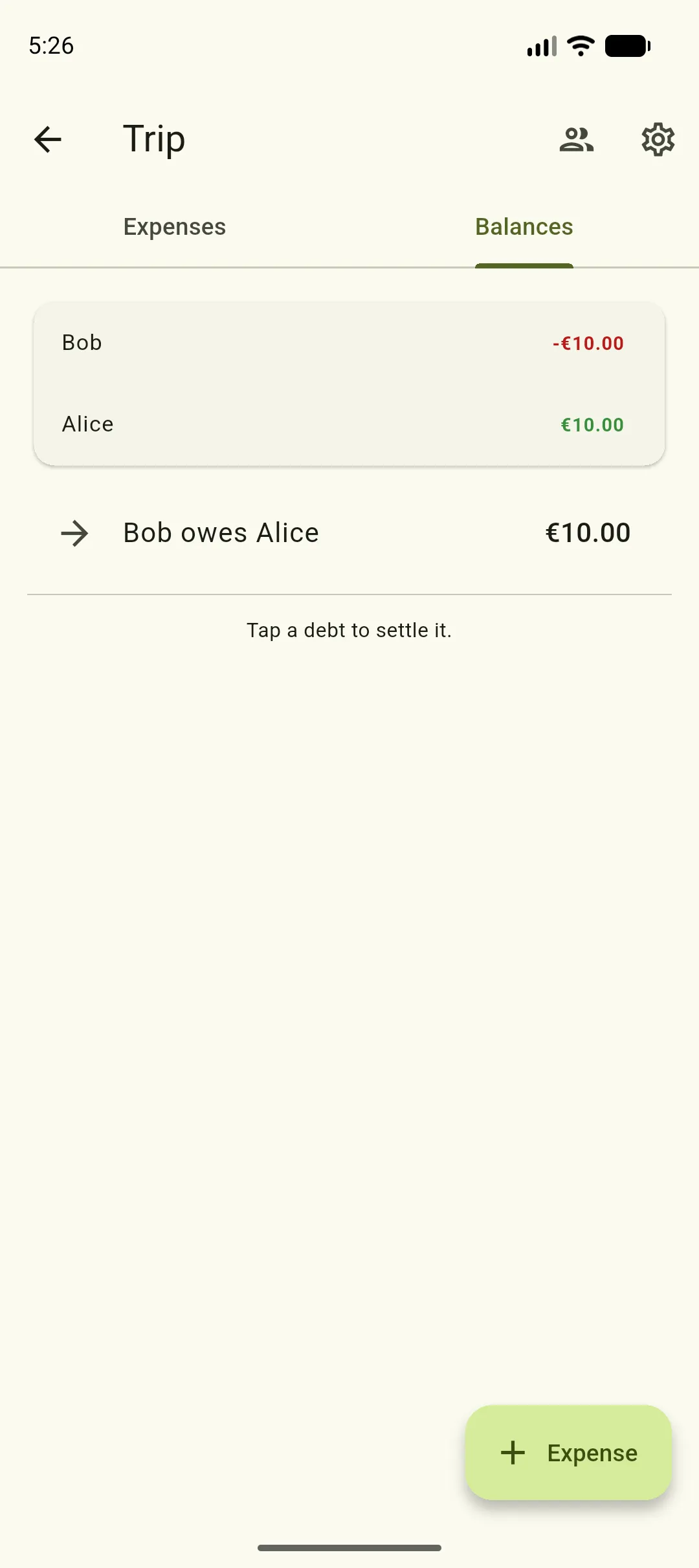 The Balances tab showing Bob owes Alice ten euros