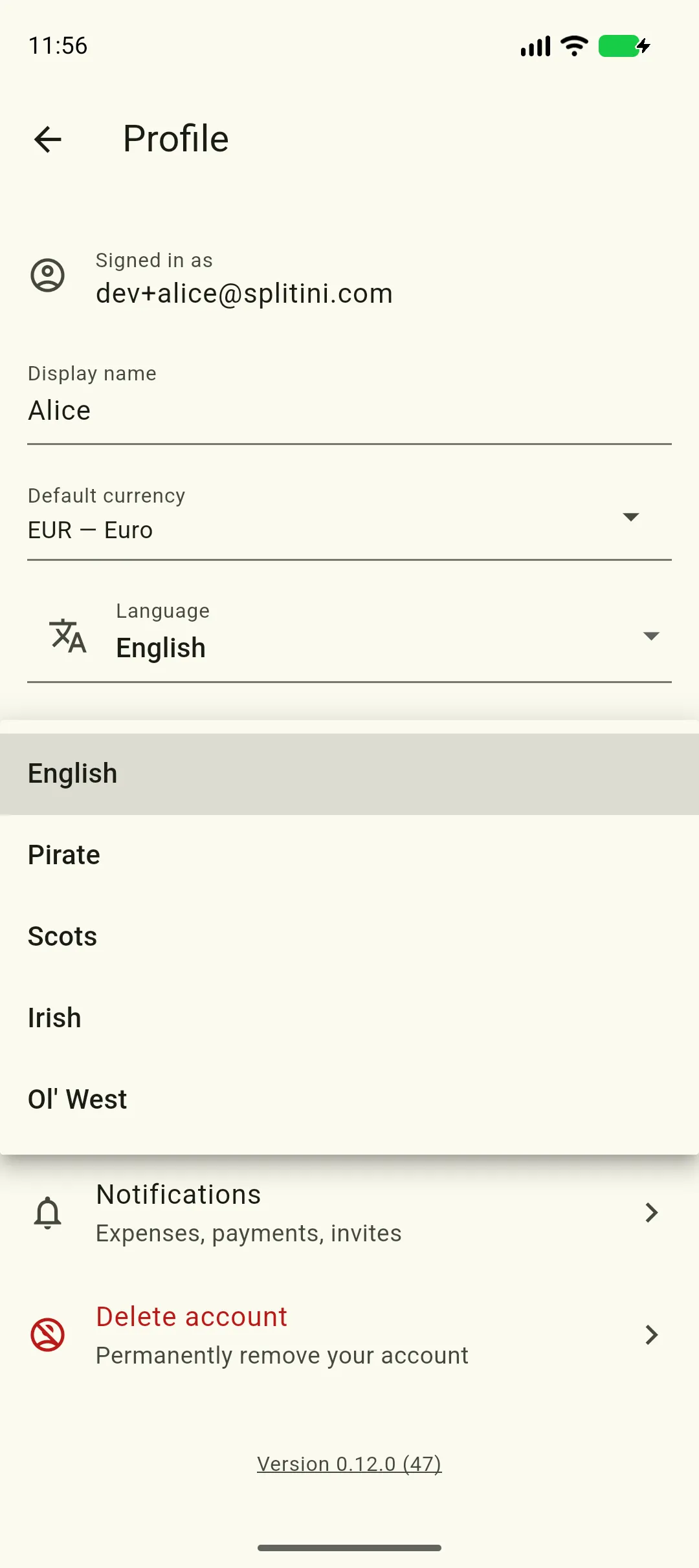 The Profile screen with the Dialect dropdown open under Language: English, Pirate, Scots, Irish and Ol' West
