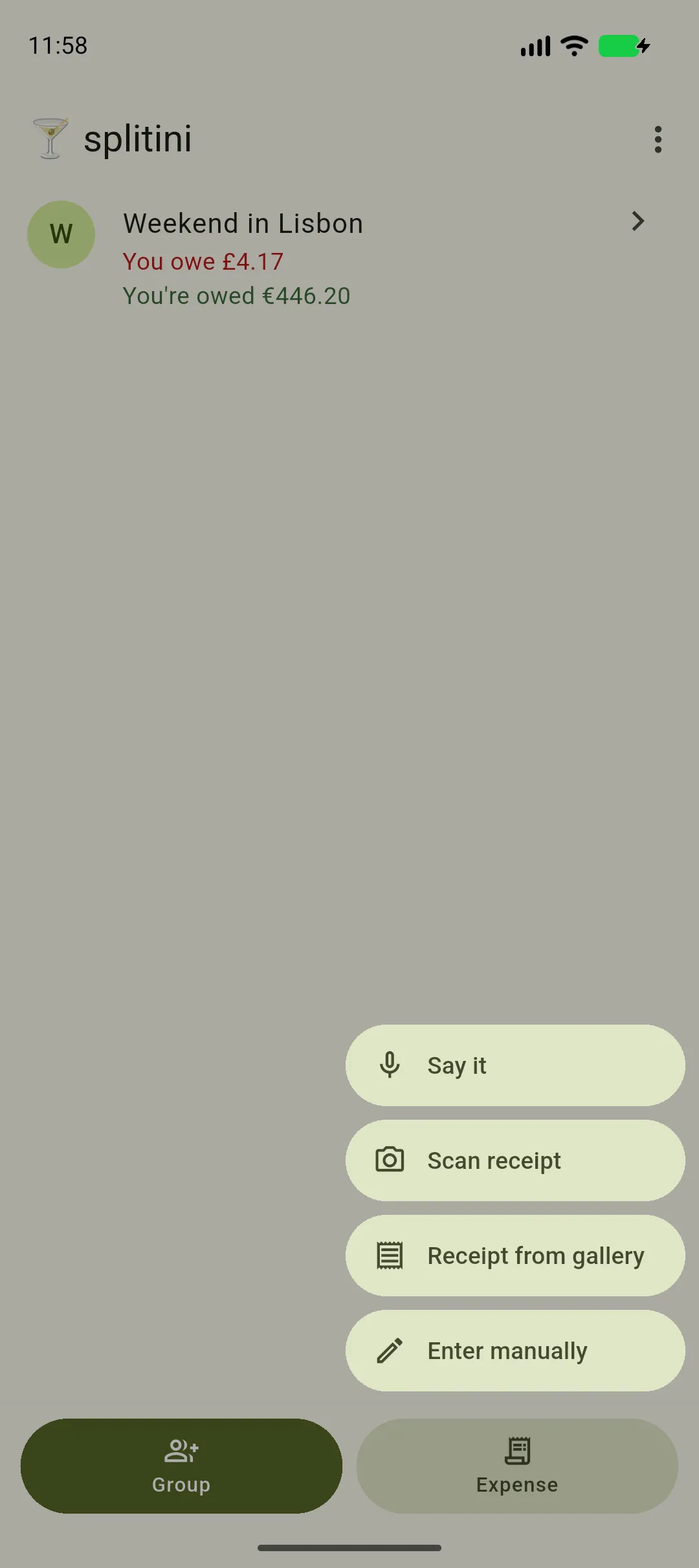 The Expense button open, offering Say it, Scan receipt, Receipt from gallery and Enter manually