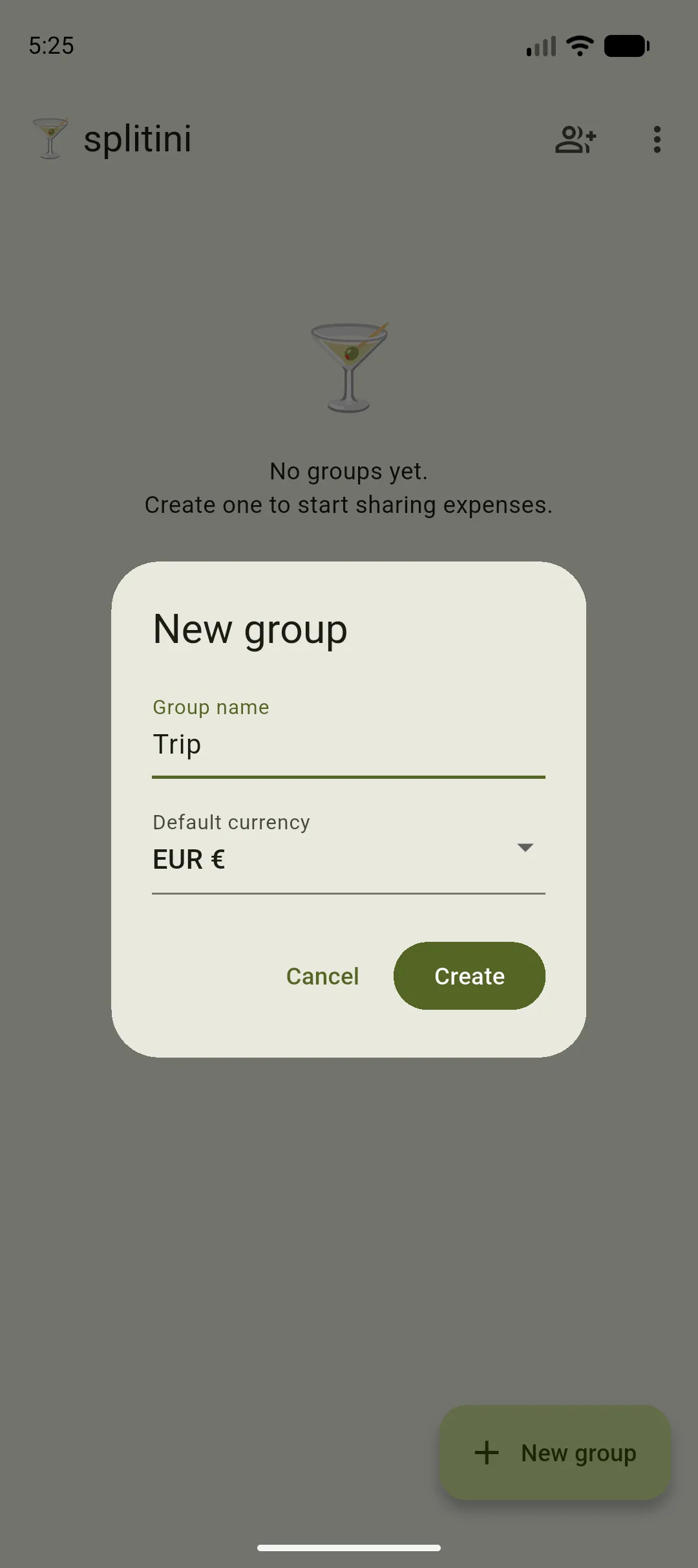 Creating a new group named Trip in Splitini