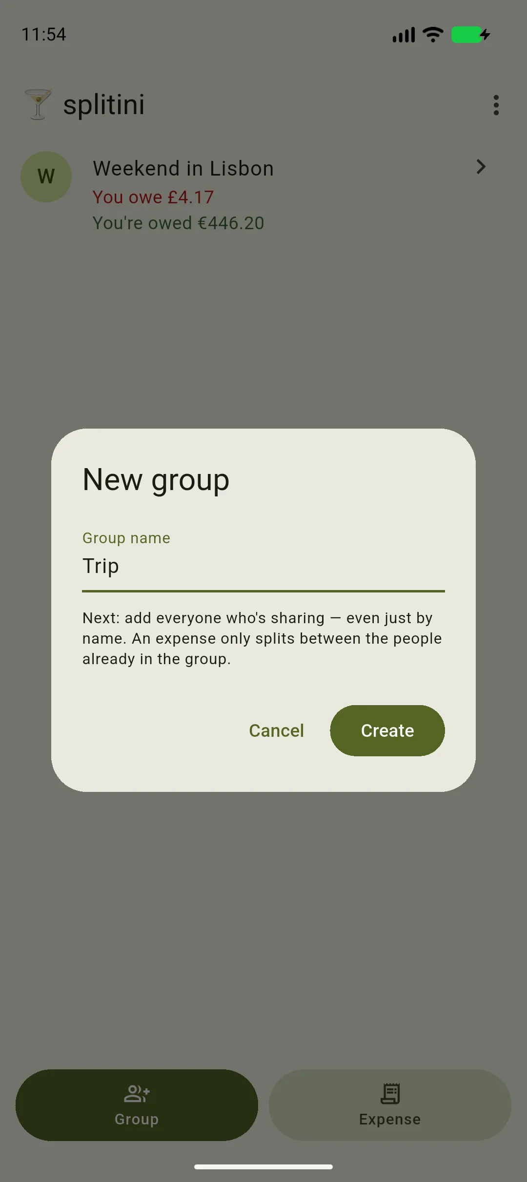 Creating a new group named Trip in Splitini