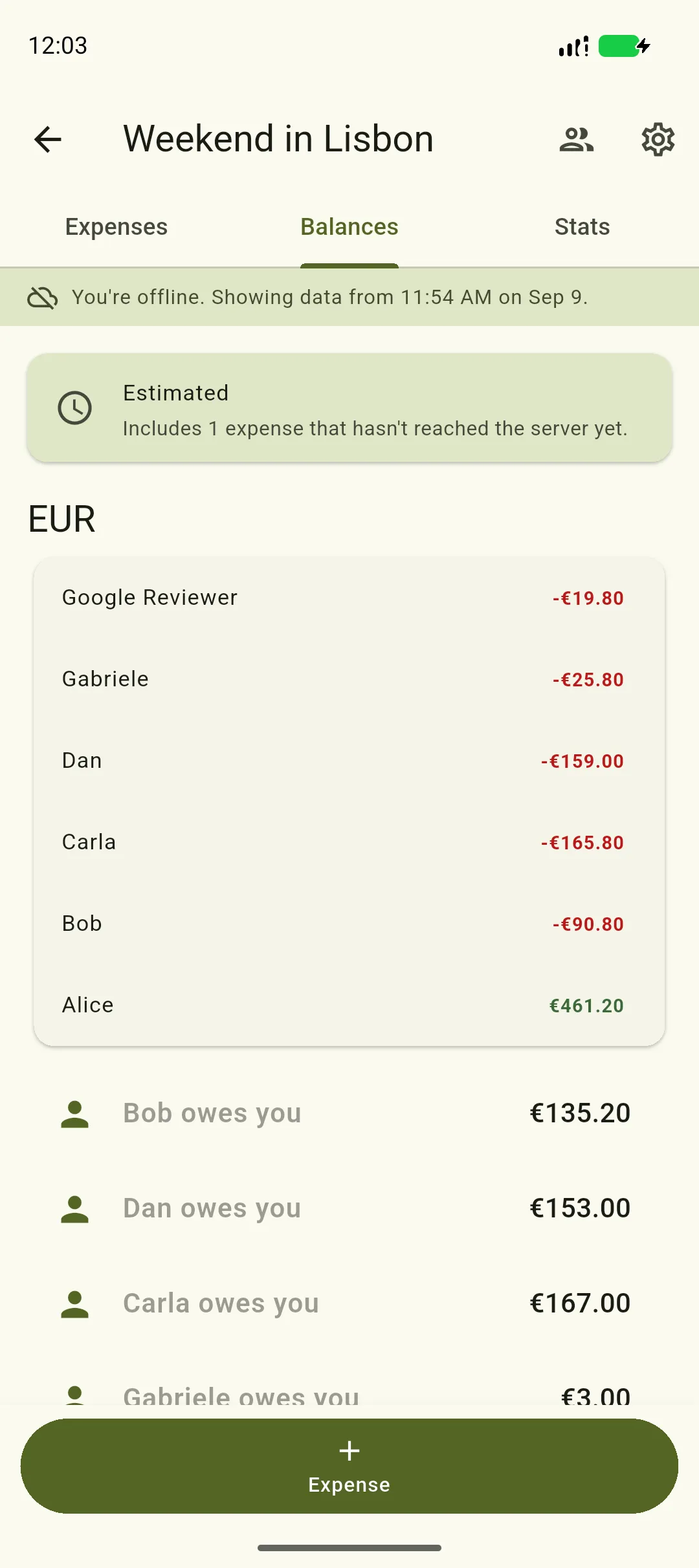 The Balances tab with an Estimated card reading Includes 1 expense that hasn't reached the server yet, figures that account for it, and the debt rows greyed out because settling up is paused