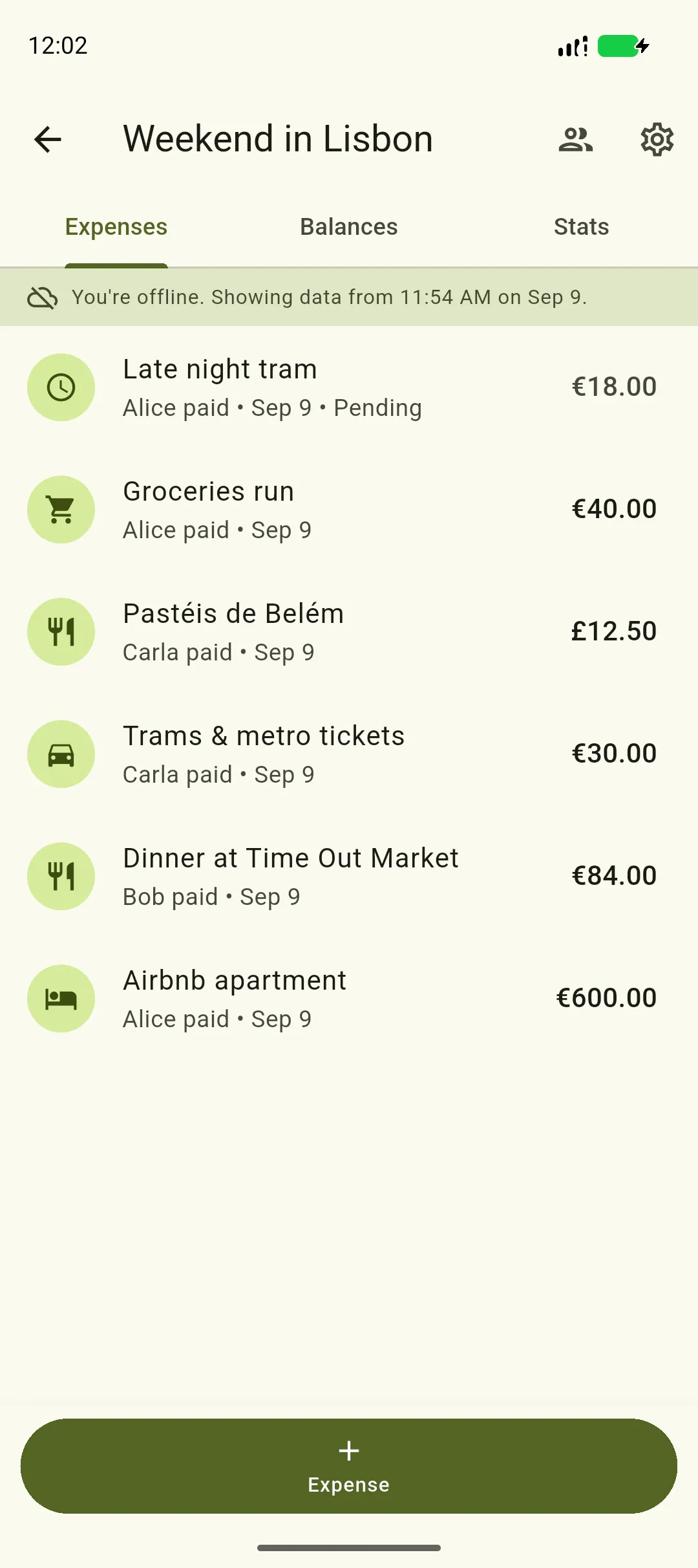 A group's expense list with a You're offline banner at the top and Late night tram, Alice paid, Sep 9, Pending sitting above the expenses that have already synced