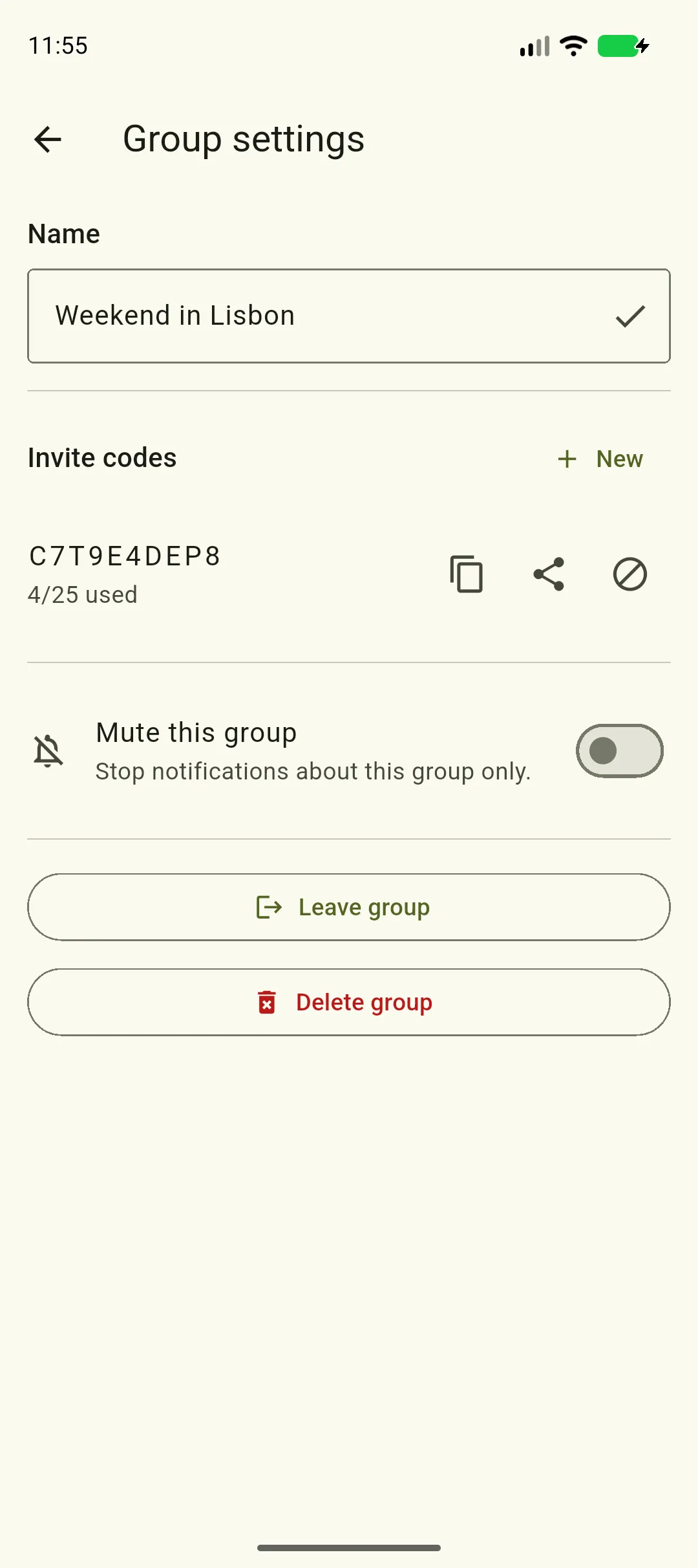 Group settings screen with a Mute this group switch, subtitled Stop notifications about this group only