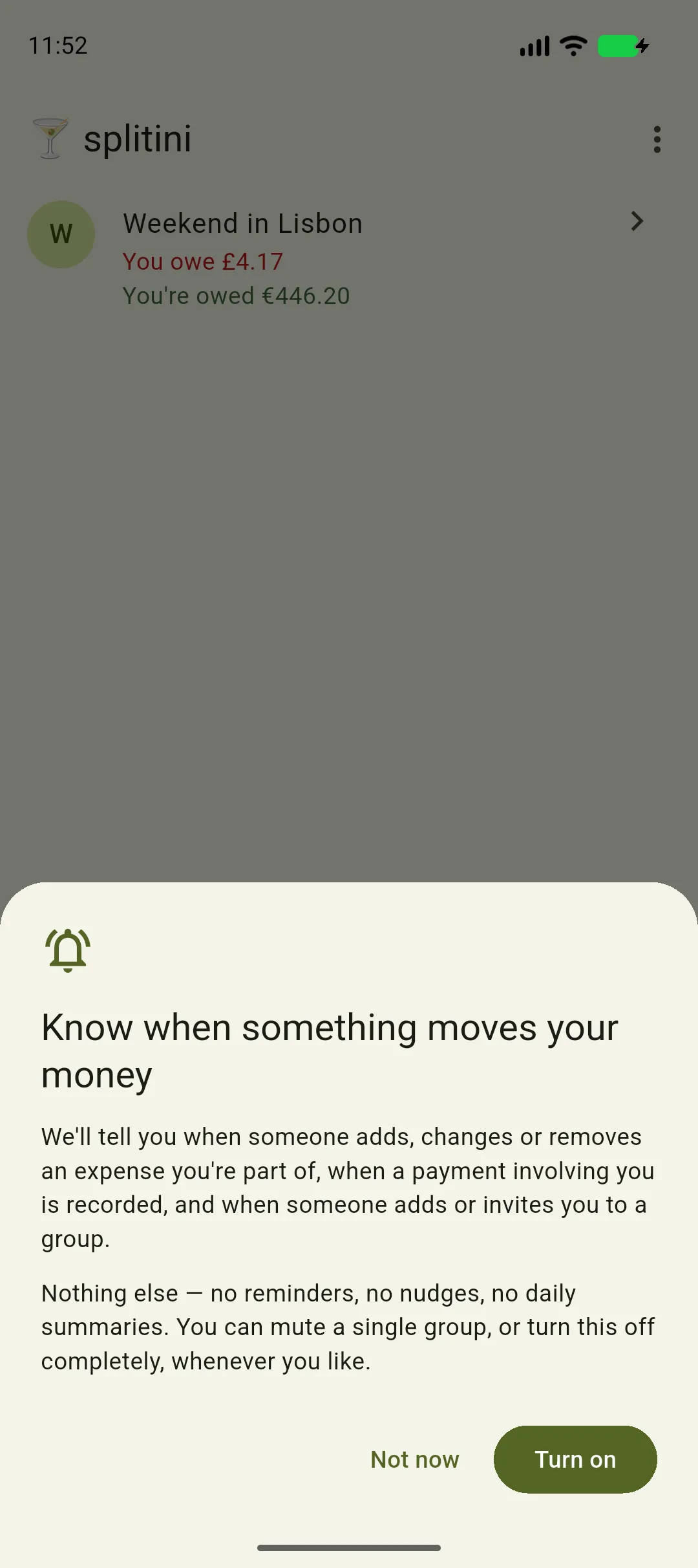 The notifications opt-in sheet on the groups list, headed Know when something moves your money, listing what Splitini will send, with Not now and Turn on buttons