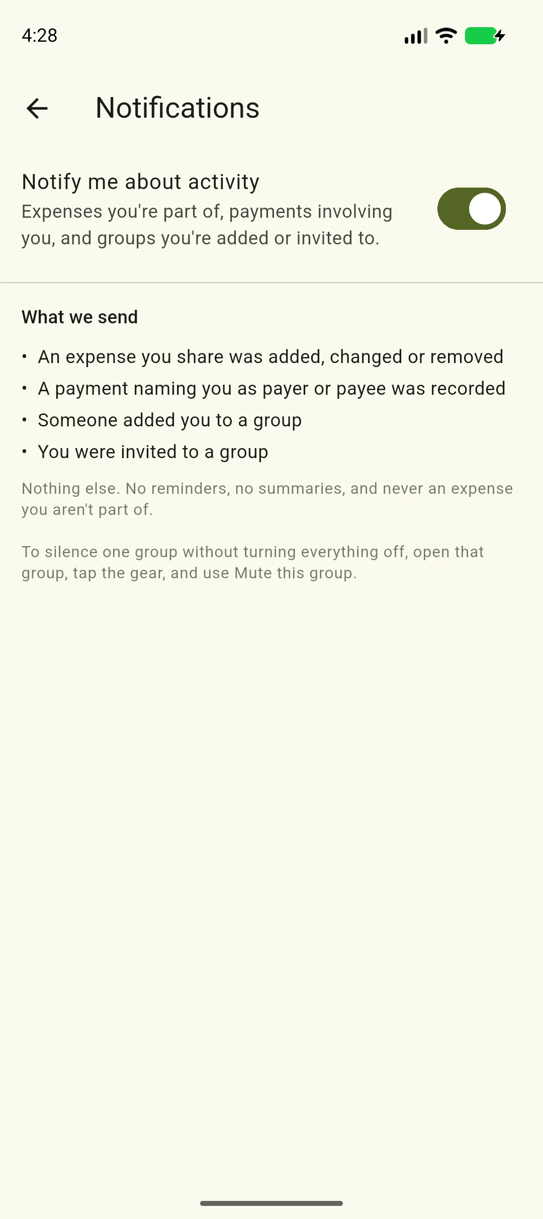 The Notifications screen with Notify me about activity switched on, above a What we send list naming the four kinds of notification