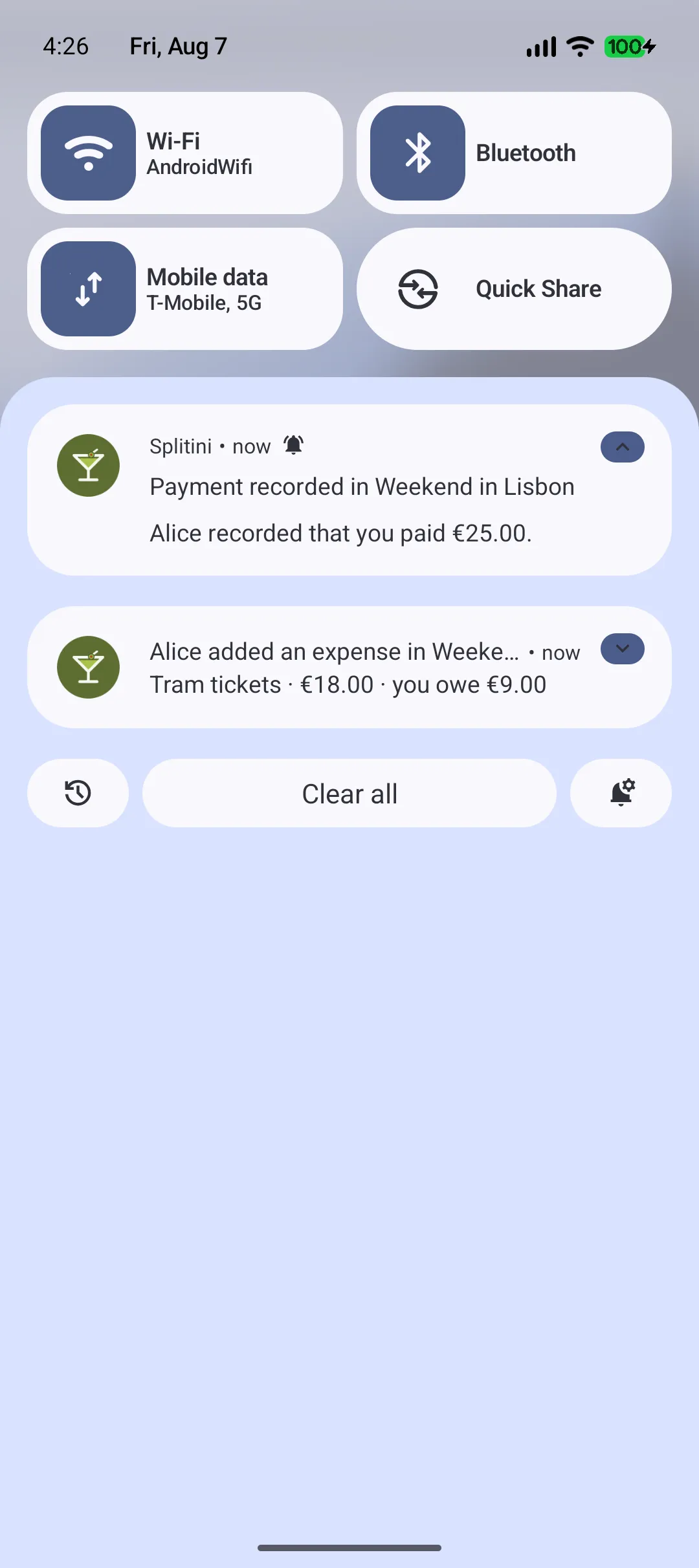 An Android notification shade — the iPhone lock screen shows the same two — with two Splitini notifications: a payment recorded in Weekend in Lisbon reading Alice recorded that you paid €25.00, and an expense reading Tram tickets · €18.00 · you owe €9.00