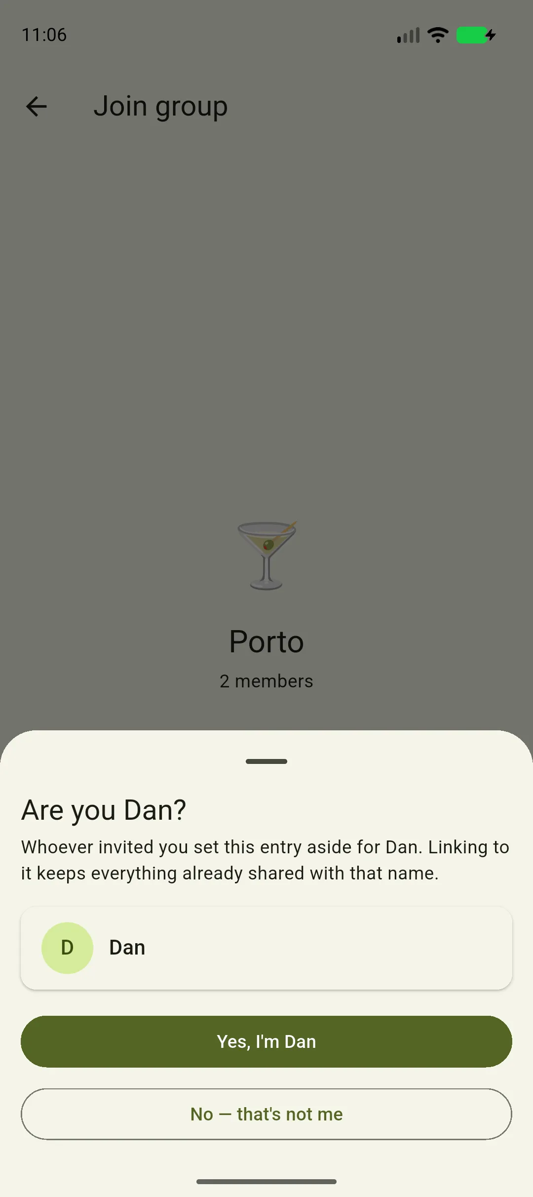 The sheet asking Are you Dan? with Yes, I'm Dan and No — that's not me