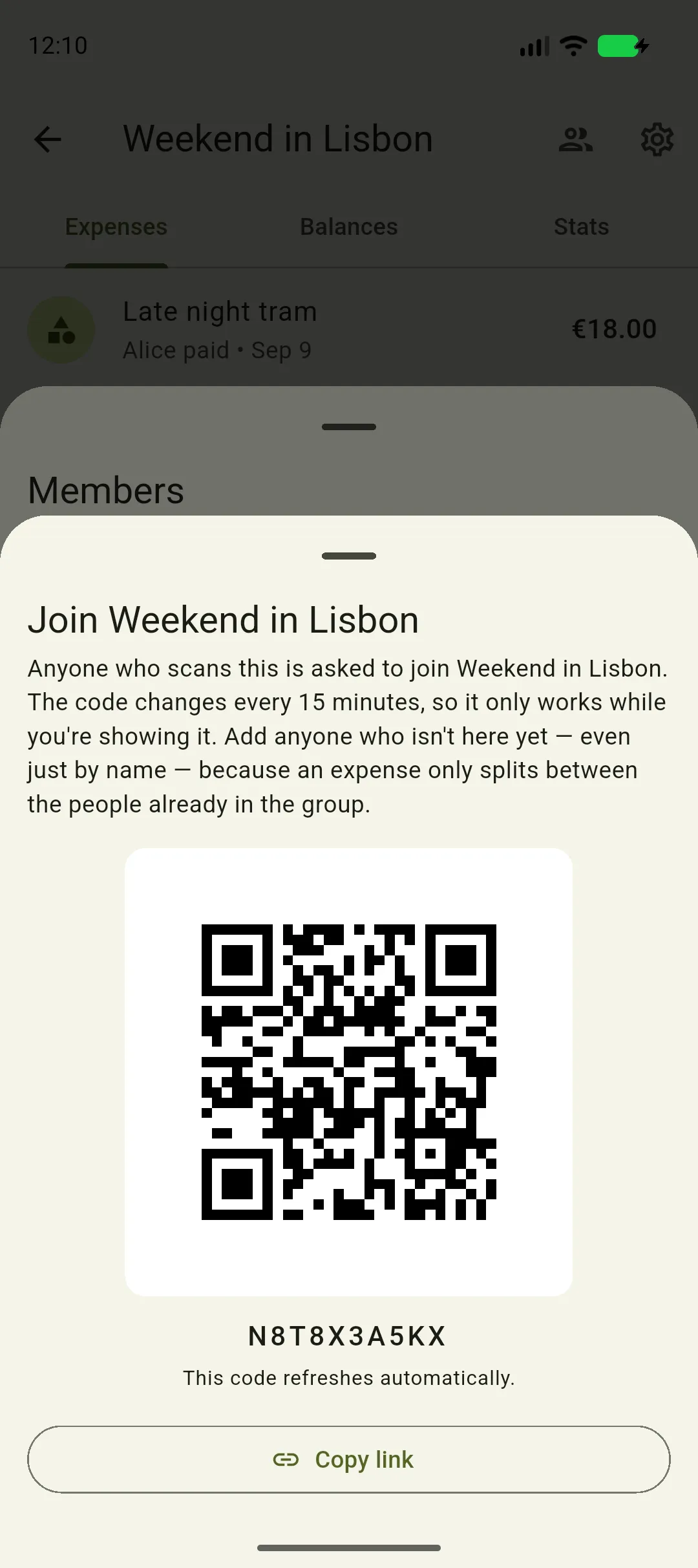 The Join Weekend in Lisbon sheet showing a QR code, the invite code, and the note that it refreshes automatically