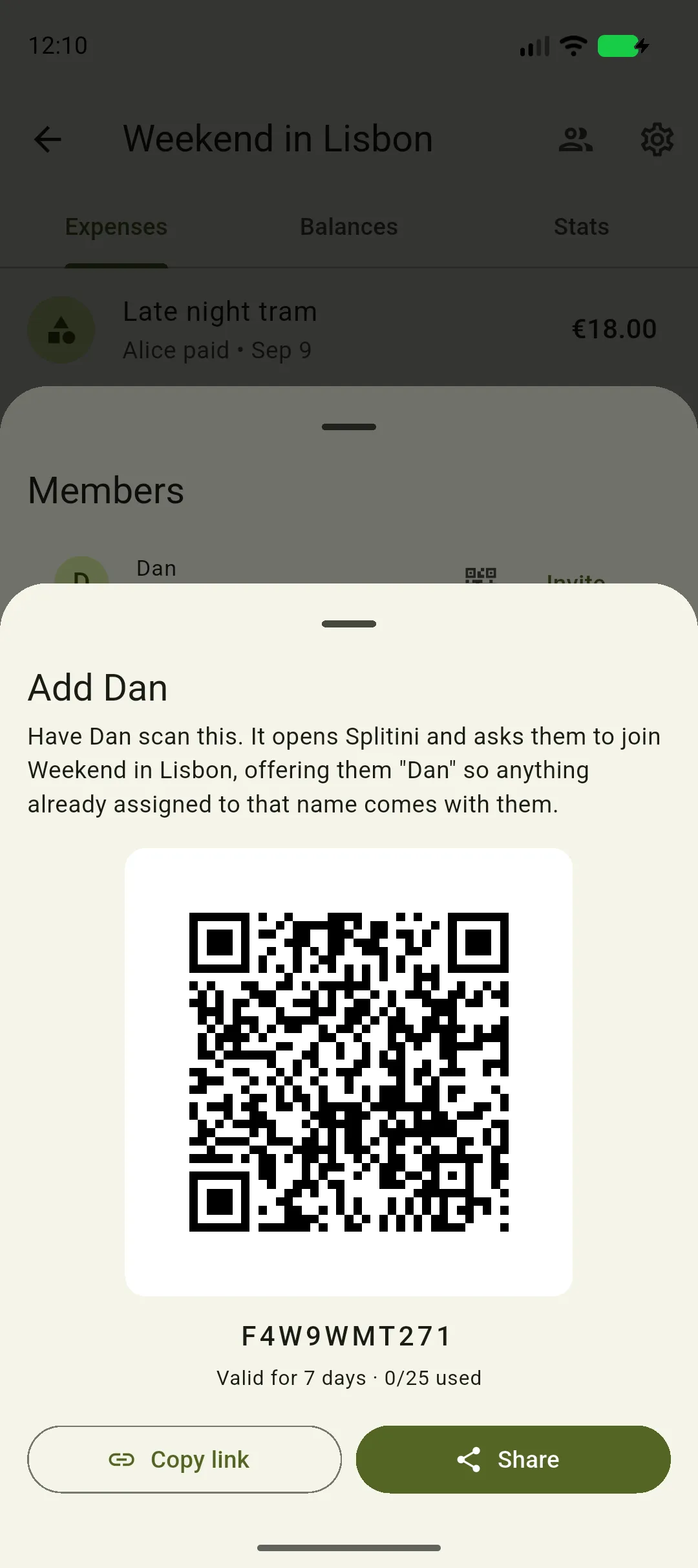 The Add Dan sheet showing a QR code valid for 7 days, with Copy link and Share buttons