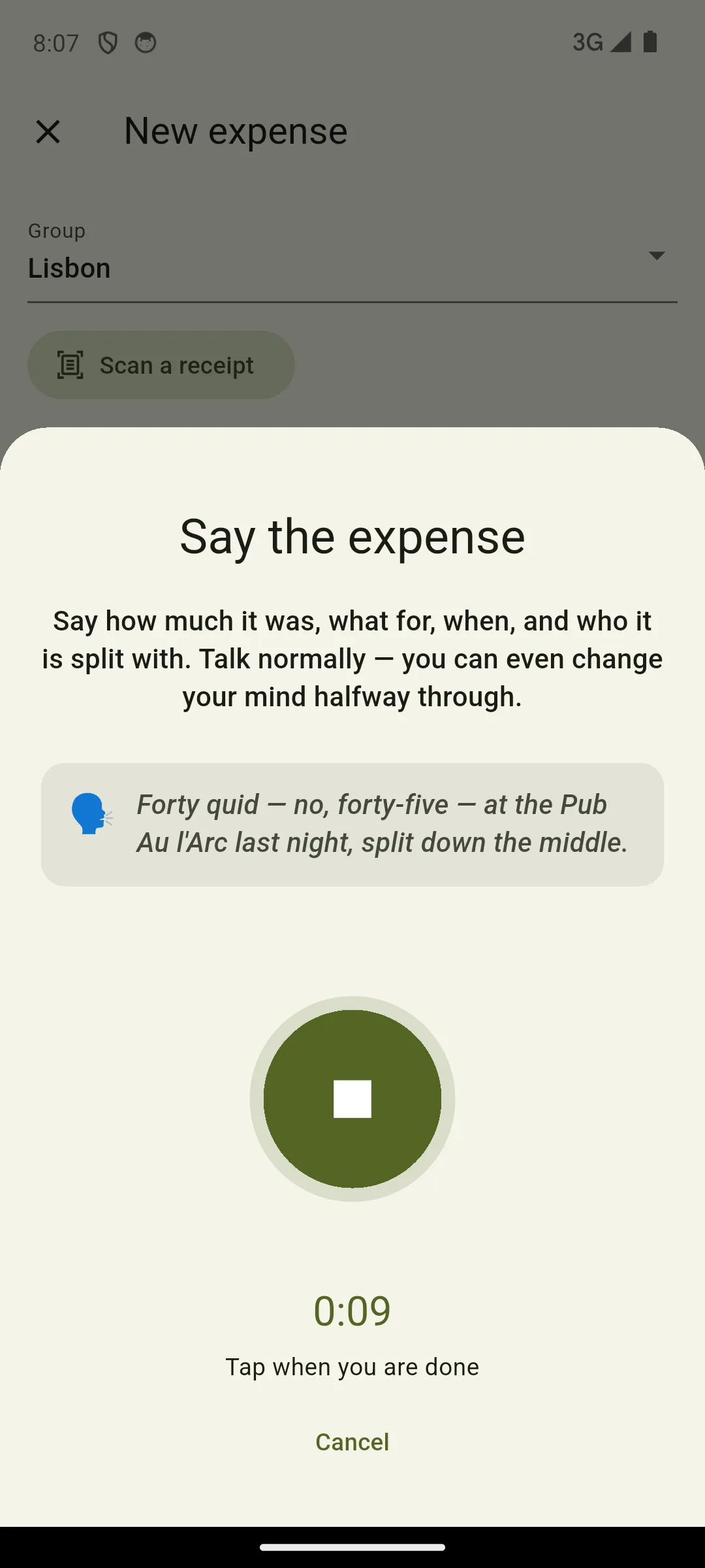 Saying an expense in Splitini — the sheet reads: Forty quid, no, forty-five, at the Pub Au l'Arc last night, split down the middle