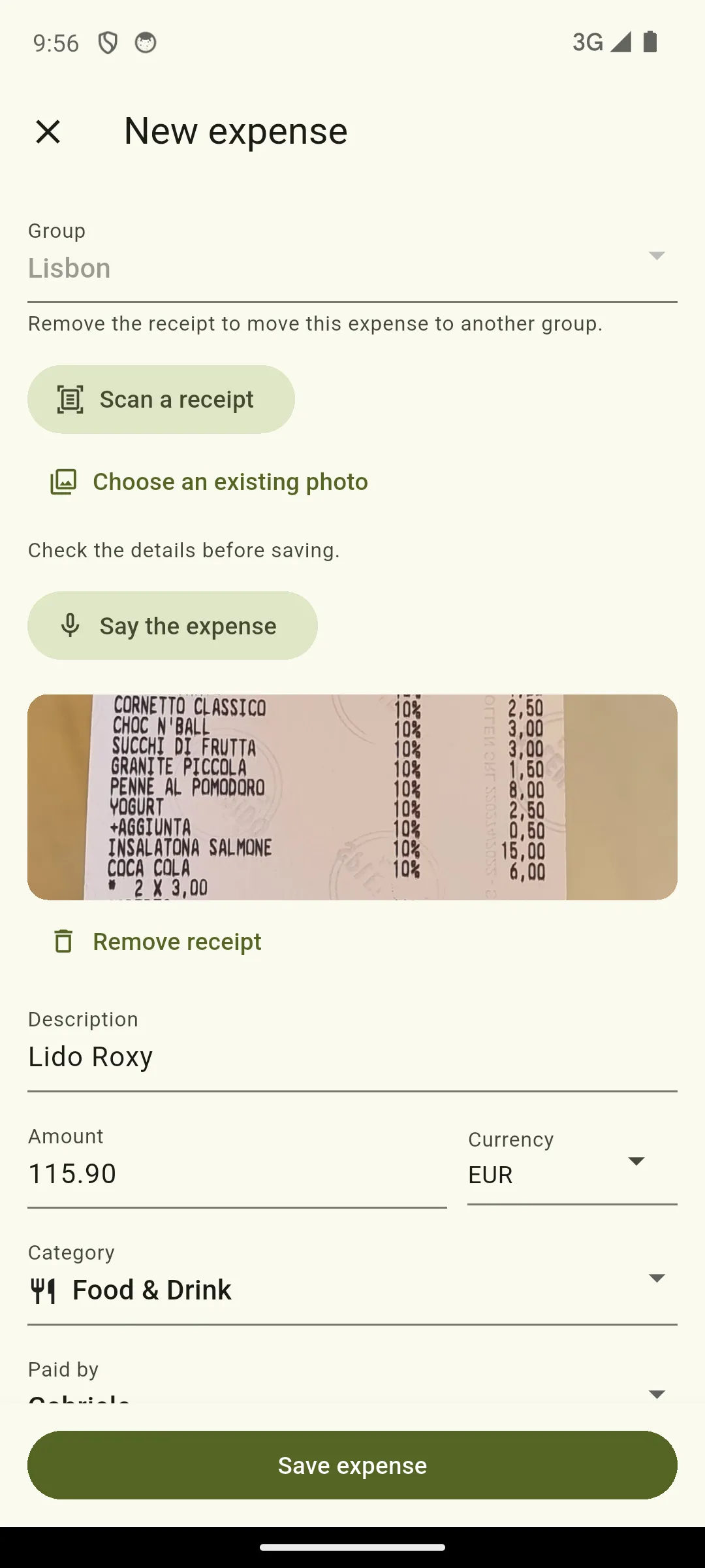 The new-expense form filled in from a photographed receipt: Lido Roxy, 115.90 EUR, Food and Drink, with the receipt attached above