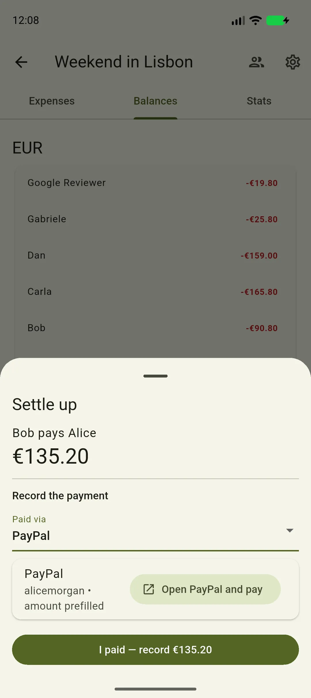 The settle-up sheet reading Bob pays Alice, €135.20, with Paid via set to PayPal and a card below showing Alice's PayPal handle, amount prefilled, and an Open PayPal and pay button