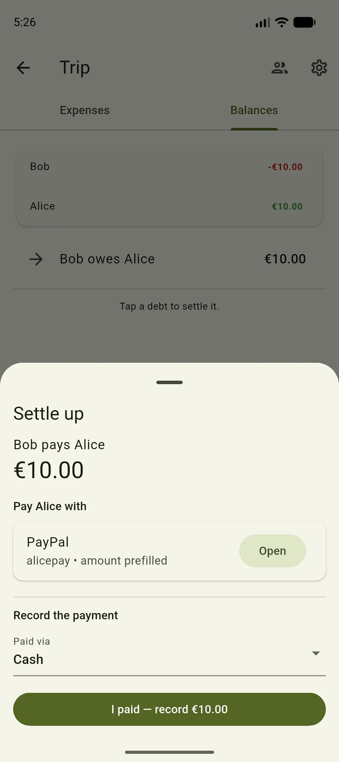 The settle-up sheet with the creditor's saved PayPal handle