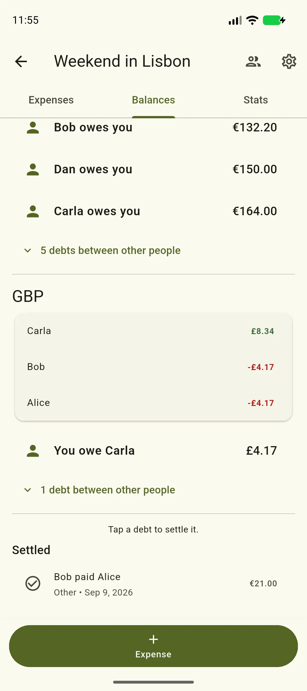 The bottom of the Balances tab: the GBP debts, then a Settled heading listing Bob paid Alice, Other, Sep 9 2026, €21.00